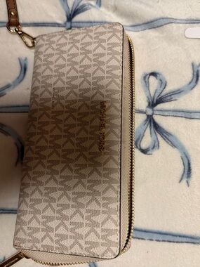 Michael Kors Beige Logo Zip-Around Wristlet Wallet with Gold Hardware